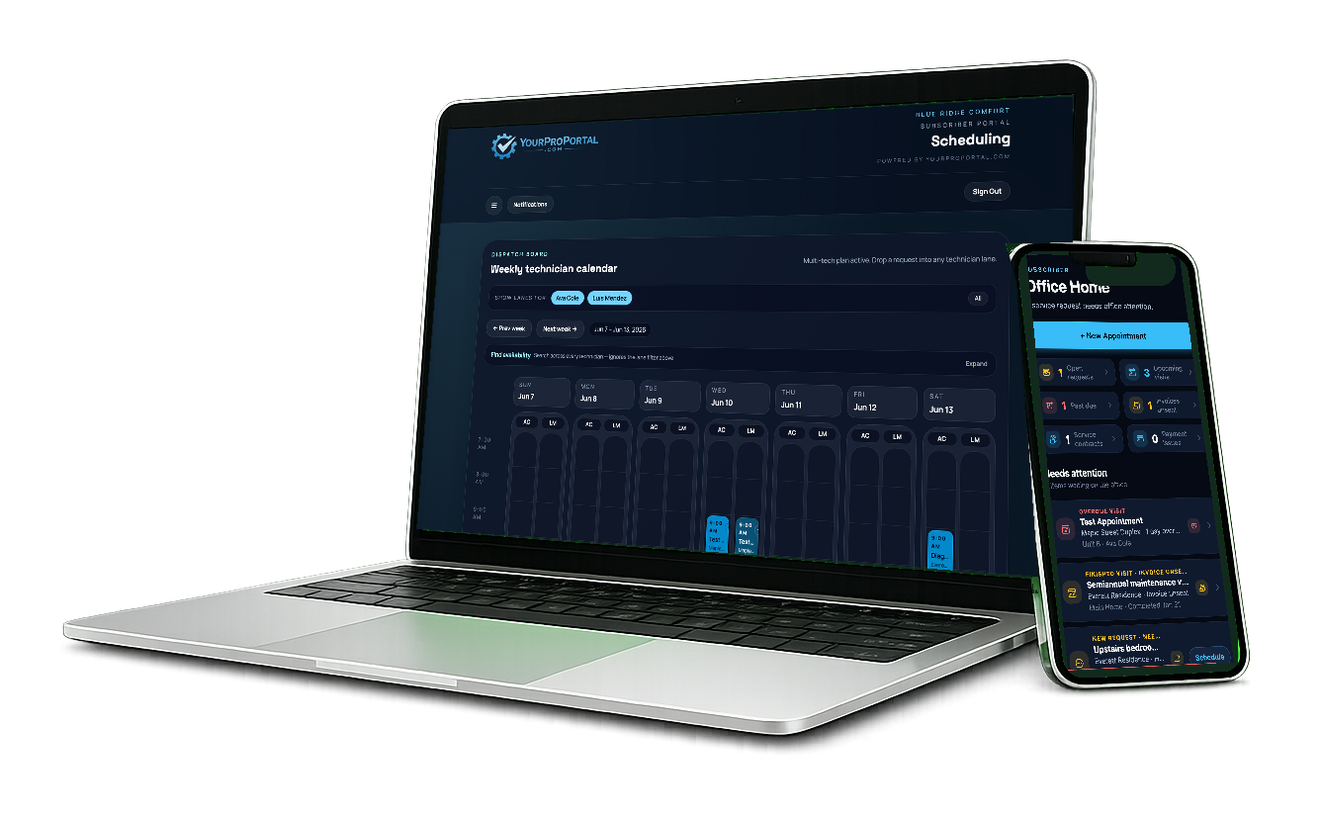 Laptop and phone with YourProPortal scheduling and mobile office screens